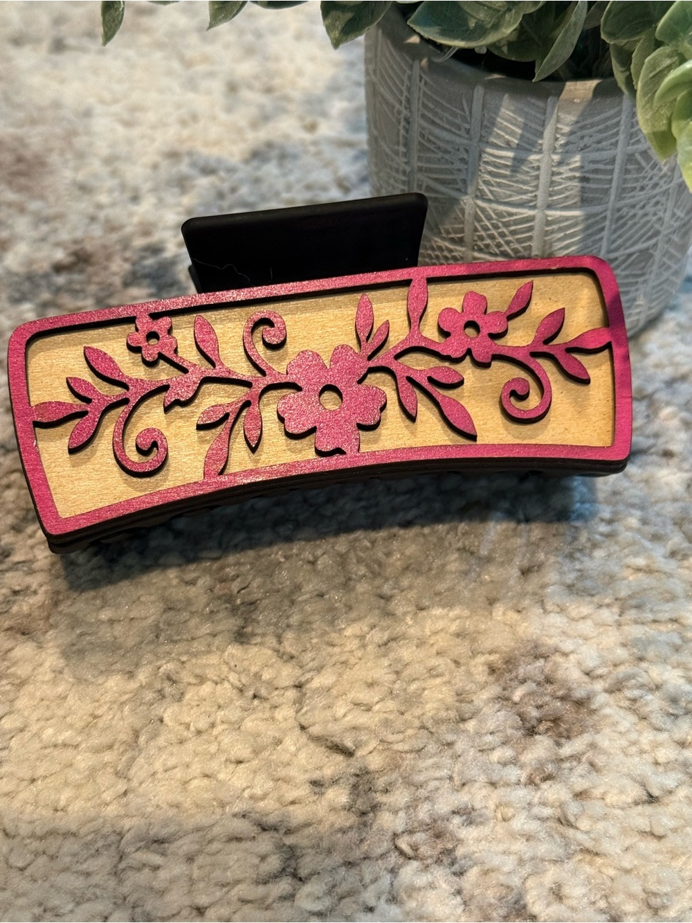 Pink Floral Wood Accent Hair Claw Clip